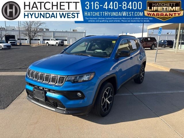 2024 Jeep Compass Latitude in Hydro Blue Pearlcoat — front three-quarter view